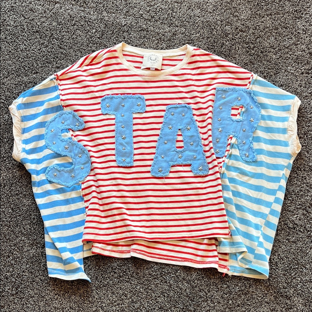 Fantastic Fawn Red & Light Blue Striped "STAR" Short Sleeve Tee
